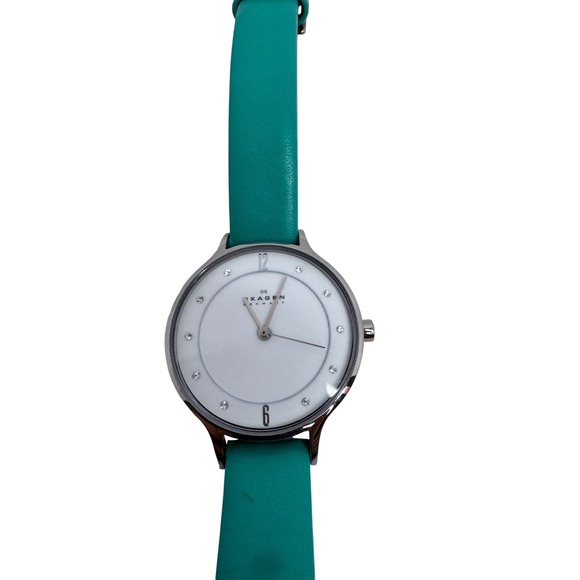 Skagen Denmark Women's Turquoise Leather Strap Watch White Dial Crystal Accents - Picture 3 of 5